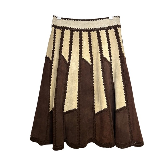Vintage Dresses & Skirts - Vintage 70s Patchwork Genuine Suede Crochet Midi Skirt Taupe Brown Hippie Boho M
